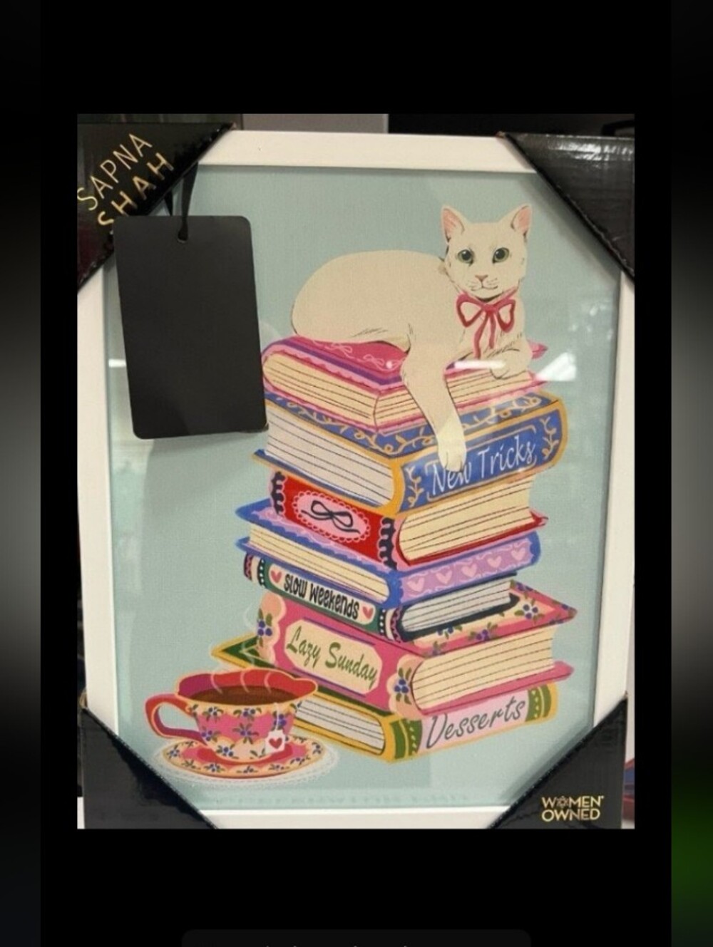 New Sapna Shah Art - Cat on Books Print in Cream and Pink